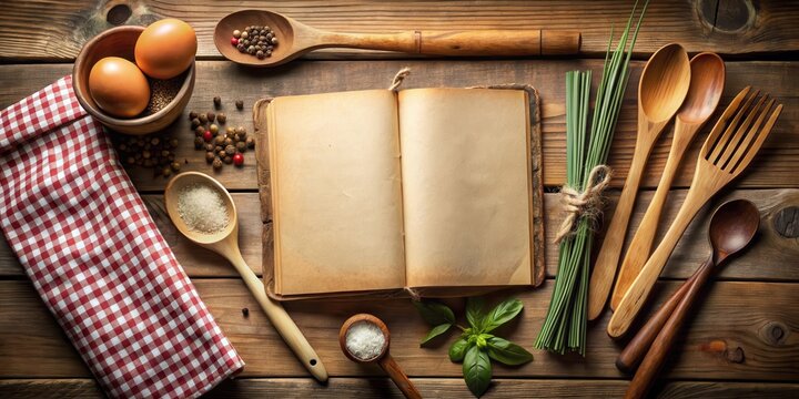 An open cookbook on a rustic wooden table surrounded by fresh herbs, spices, and kitchen utensils, ready to inspire culinary creativity.