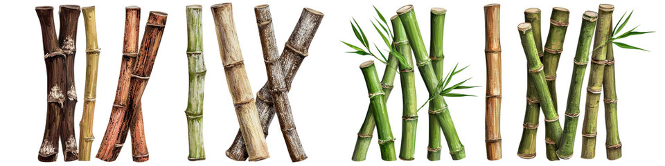 Variety of bamboo stalks in different colors on a white isolated background. transparent background