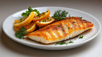 Delicious fried snapper fillet served with fresh lemon slices and herbs, creating appetizing and minimalist presentation. Perfect for seafood lovers!