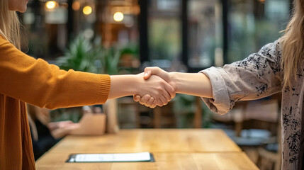 Two people shaking hands in warm and inviting cafe setting, symbolizing business deal or agreement. atmosphere is friendly and professional, highlighting collaboration and connection