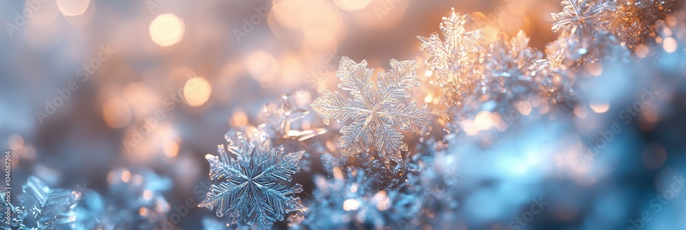 Aufkleber Abstract snowflake shapes with glowing icy hues are illuminated by soft light, creating a magical winter atmosphere at dawn. Generative AI