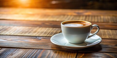 A freshly brewed cup of coffee on a rustic wooden table, bathed in the warm glow of the morning sun.