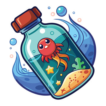recommend clip art: Underwater jellyfish and glass bottle vector illustration isolated on a white background