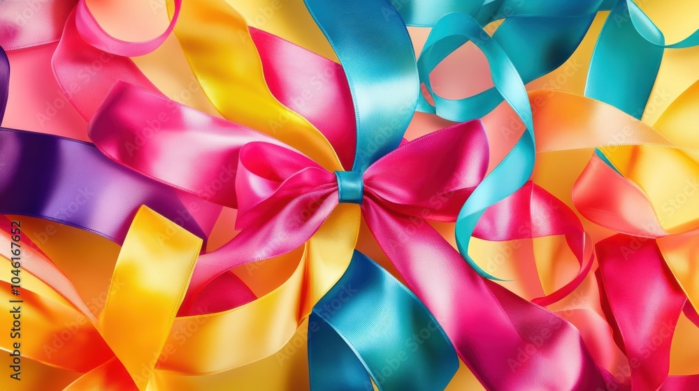 Poster brightly colored ribbons and bows weave together in a joyful abstract pattern, ideal for adding a fe