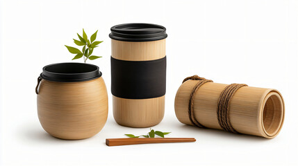 Eco friendly bamboo cups and containers arranged artistically with green leaves, showcasing sustainable design and natural materials. Perfect for promoting eco conscious lifestyle