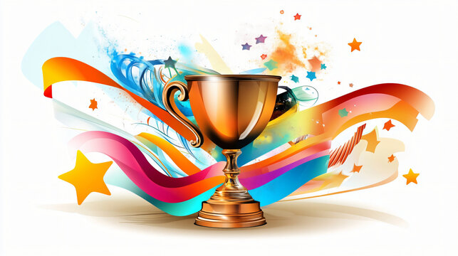 trophy cup filled with vibrant stars symbolizes achievement and celebration, surrounded by colorful ribbons and dynamic splashes of color, evoking sense of joy and success