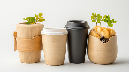 Sustainable bamboo cups showcase minimalist design, featuring various styles and textures. These eco friendly containers highlight natures beauty and promote environmental consciousness