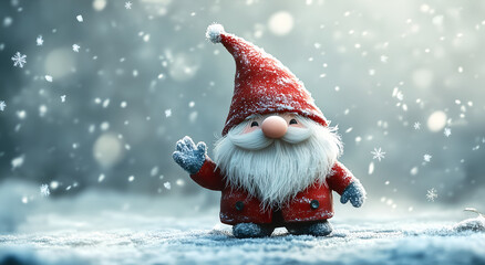 Christmas gnome standing in the snow, wearing a red hat and coat with a white beard, waving its hand. The background is a soft, grey sky with falling snowflakes.