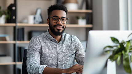 Obraz premium Engaged young professional in casual attire, smiling at camera