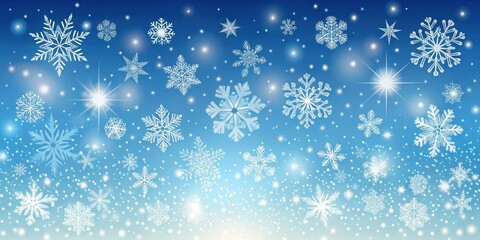 Fototapeta premium A winter wonderland background with delicate snowflakes falling against a blue sky and shimmering stars.
