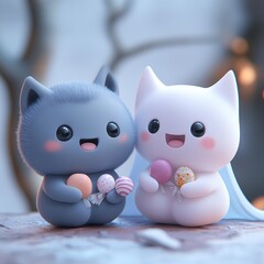 Halloween; ghost; wolf; cute; animated; cartoon; popcorn; treats; pumpkins; spooky; night; friends; festive; celebration; forest; outdoors; glowing; fantasy; adorable; Halloween theme; characters; fri