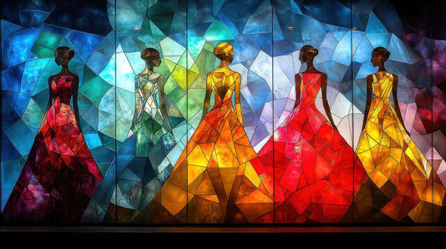 Artistic stained glass panel featuring five stylized women in colorful gowns, creating a striking display of color and elegance.