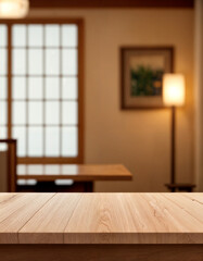 Empty wooden table blurred background interior japanese restaurant