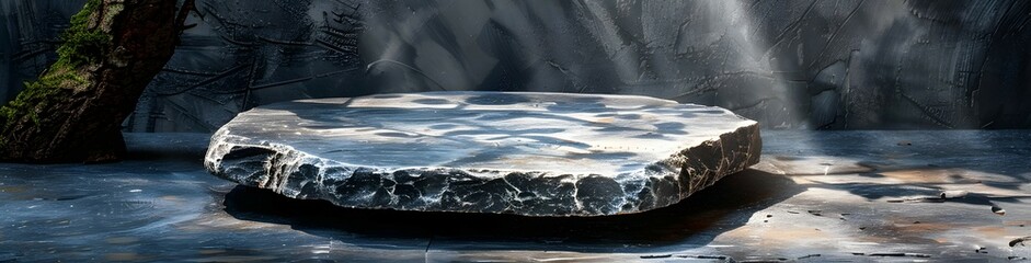 Luxury empty product marble stone podium and forest green leaves on dark background.