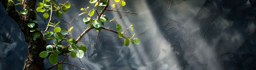 Luxury empty product marble stone podium and forest green leaves on dark background.