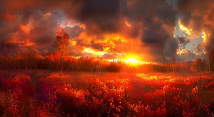 And panorama of autumn field with cloudy sky.