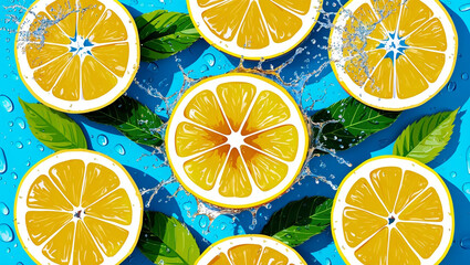 Bright yellow lemons splash with water and green leaves, creating a vibrant and refreshing scene, showcasing the zest and energy of citrus in a playful style.