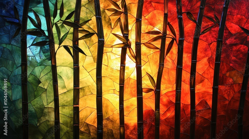 Wall mural Colorful stained glass artwork depicting a bamboo forest transitioning from green to warm sunset hues, creating a tranquil scene.