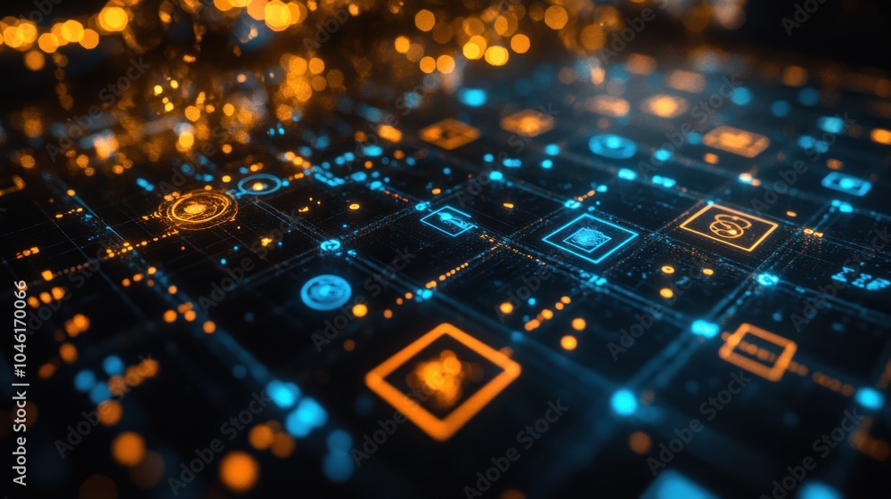 Poster digital landscape with glowing icons and data grid patterns.
