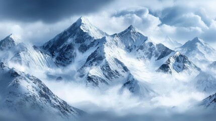Obraz premium Majestic snow-capped mountains shrouded in mist