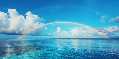 a rainbow over water and blue sky, Beautiful Rainbow Reflected in a Tranquil Lake
, 