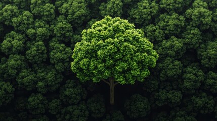 Lush green tree standing out in dense forest canopy