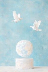 Fototapeta premium Peaceful Doves Flying Around Globe