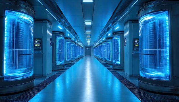 Long hallway lined with glowing blue cryogenic pods, futuristic lab, dramatic lighting, symmetrical composition