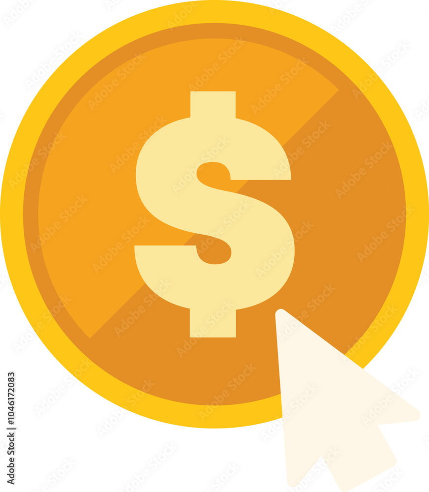 Poster mouse cursor is clicking on a gold coin with a dollar sign, representing the concept of pay per clic