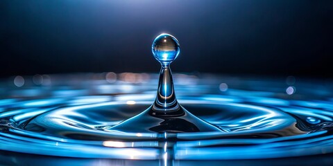 A single drop of water creates a mesmerizing pattern of concentric rings as it gracefully touches the surface, reflecting the surrounding light in a captivating dance of light and shadow.