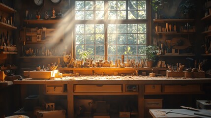 Sunlit woodworking shop, tools and wood shavings scattered across a workbench, warm natural light streaming in