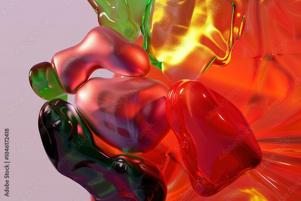 Poster colorful abstract shapes, fluid forms, translucent bubbles with a glossy finish in shades of red, gr