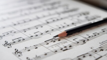 A pencil is on a sheet of music with notes on it
