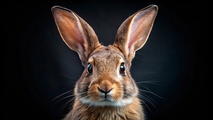 Obraz premium A Brown Rabbit With Big Ears Gazes Directly at the Camera, Its Whiskers Taut with Curiosity, Against a Dark Background