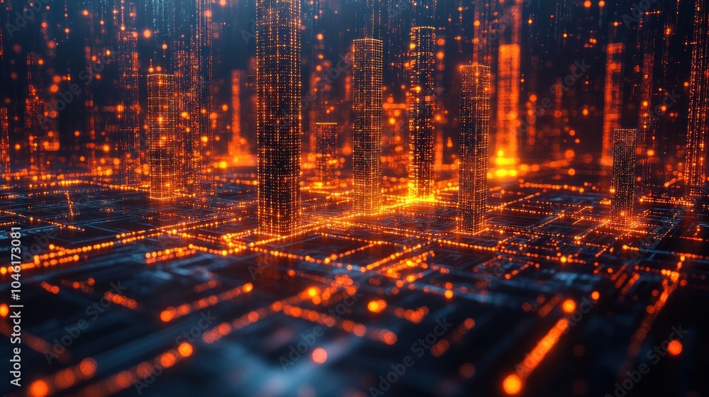 Poster abstract digital landscape with glowing structures and circuits.