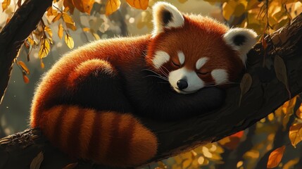 Fototapeta premium Curled Up Red Panda - Red panda napping on a tree branch