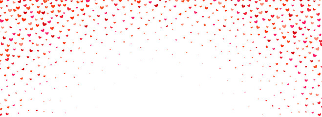 Falling down heart-shaped confetti pattern. Splashed pink and red heart glitter background. Romantic decor wallpaper for celebration Saint Valentines day, birthday, wedding party. Vector