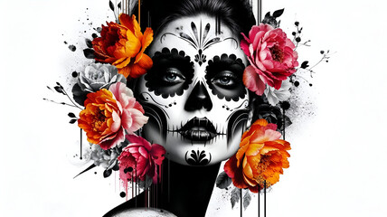 A striking portrait of a woman with a Dia de los Muertos (Day of the Dead) makeup, featuring a detailed sugar skull face paint.