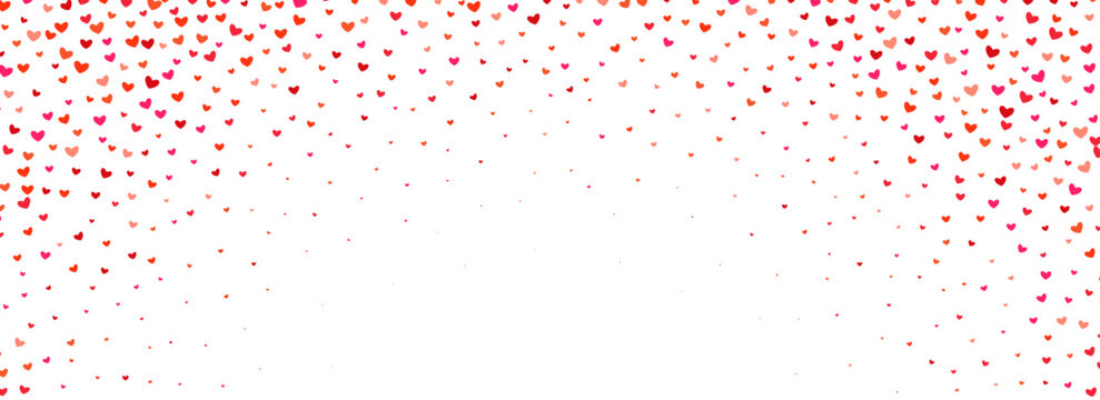 Falling down heart-shaped confetti pattern. Splashed pink and red heart glitter background. Romantic decor wallpaper for celebration Saint Valentines day, birthday, wedding party. Vector