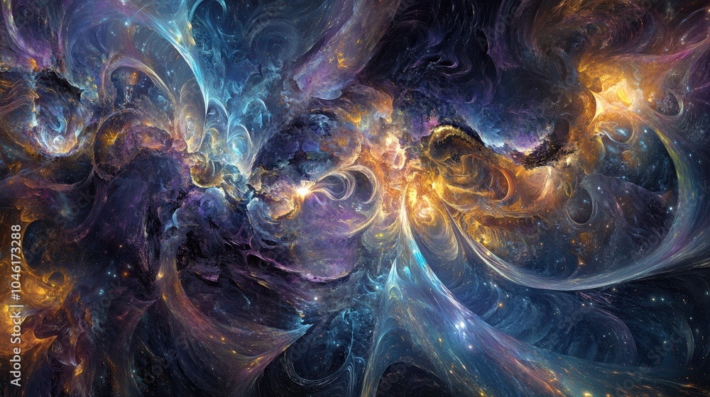 Poster the artwork showcases a mesmerizing cosmic landscape with swirling colors and radiant patterns, evok