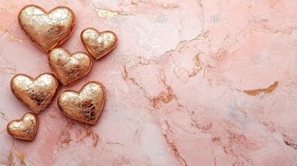 Obraz premium Exquisite rose gold heart-shaped patterns scattered on a soft pink marble textured background create an elegant and romantic atmosphere, perfect for themes such as love, weddings, or celebrations.
