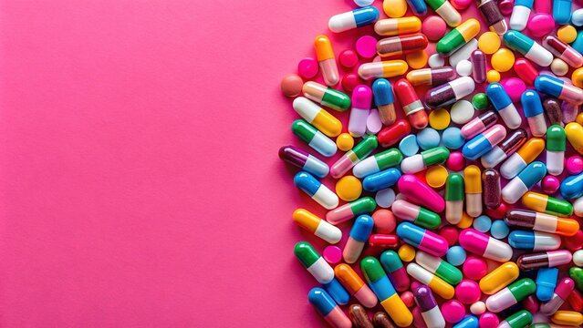 A vibrant array of colorful capsules and tablets spread across a pink backdrop, creating a visual representation of pharmaceutical possibilities.