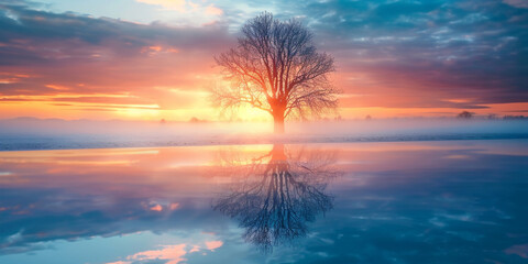 a tree in the middle of a lake, Serene Lake Scene Featuring a Tree in the Water, 