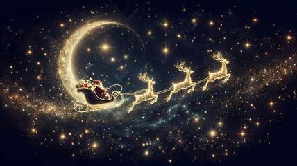 A magical Christmas night sky scene where Santa Claus is flying across the stars in his sleigh, pulled by reindeer. The sleigh and reindeer are depicted as glittering golden outlines made of stardust,