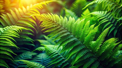 A symphony of vibrant green fern fronds bathed in warm sunlight, revealing intricate patterns of nature's artistry.