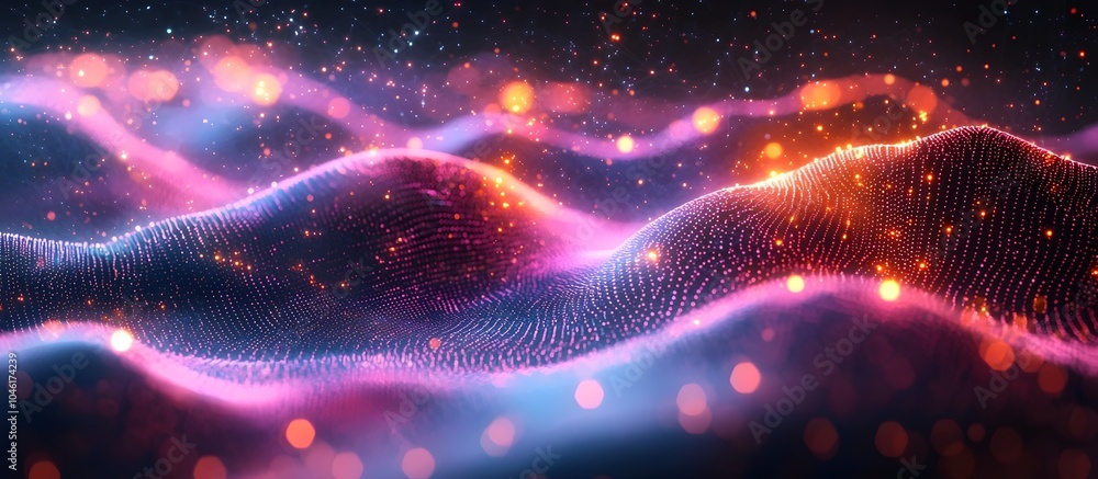 Poster an abstract visualization of flowing waves in vibrant hues of purple and pink, dotted with shimmerin