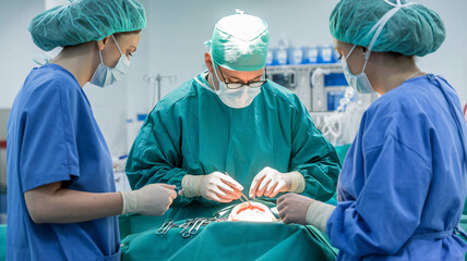 Complex surgery being performed by surgeons in an operating room, medical personnel in action, a hospital setting, a healthcare team collaborating, a surgical operation, and physicians wearing sterile