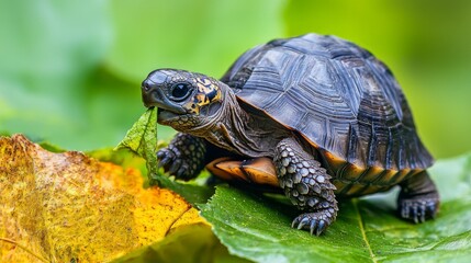 Obraz premium Tiny Tortoise - Baby tortoise munching on a leaf
