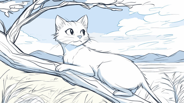 Line art illustration of a cat resting on a tree branch with a scenic nature landscape in the background. Calm and peaceful setting in soft sketch style