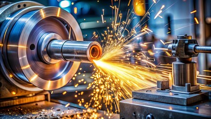 A close-up of a metalworking machine in operation, sparks fly as the rotating metal is shaped with precision